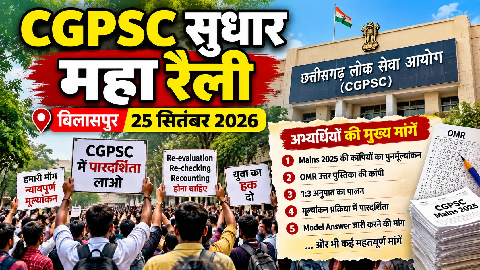 CGPSC सुधार महा रैली बिलासपुर 25 सितंबर 2026