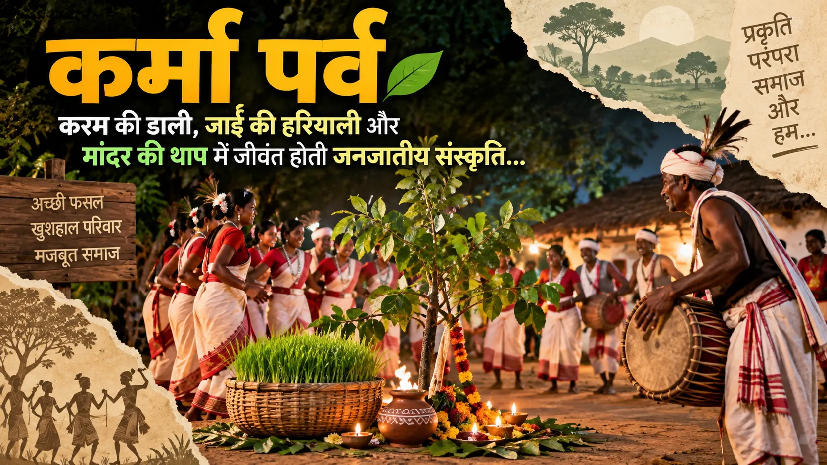 छत्तीसगढ़ के सरगुजा अंचल में करम की डाली के साथ कर्मा नृत्य और जनजातीय लोकसंस्कृति