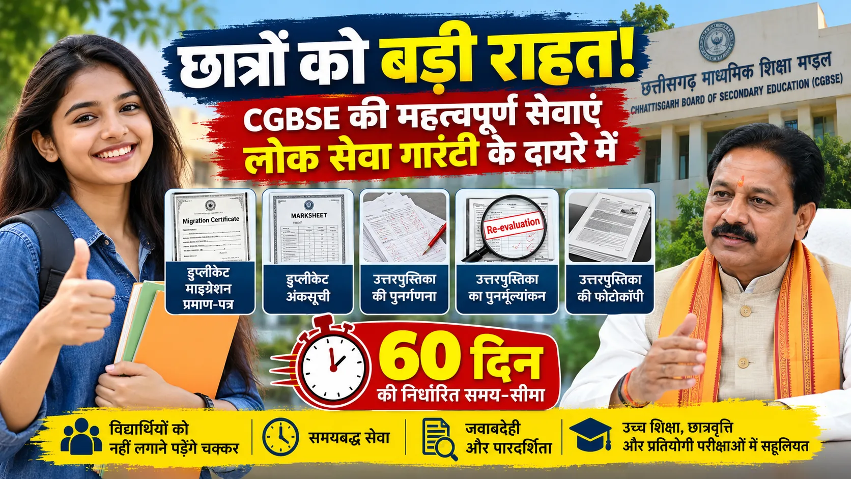 CGBSE की सेवाएं लोक सेवा गारंटी के दायरे में, विद्यार्थियों को 60 दिन में डुप्लीकेट अंकसूची, माइग्रेशन और पुनर्मूल्यांकन सेवाओं की सुविधा