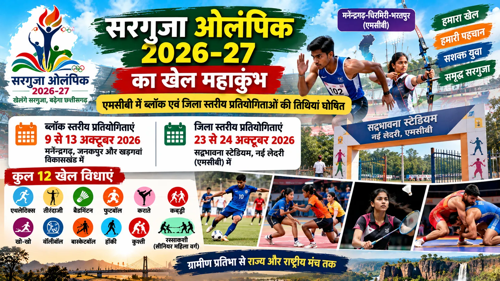 सरगुजा ओलंपिक 2026-27 में MCB के ब्लॉक और जिला स्तरीय खेलों में भाग लेते खिलाड़ी